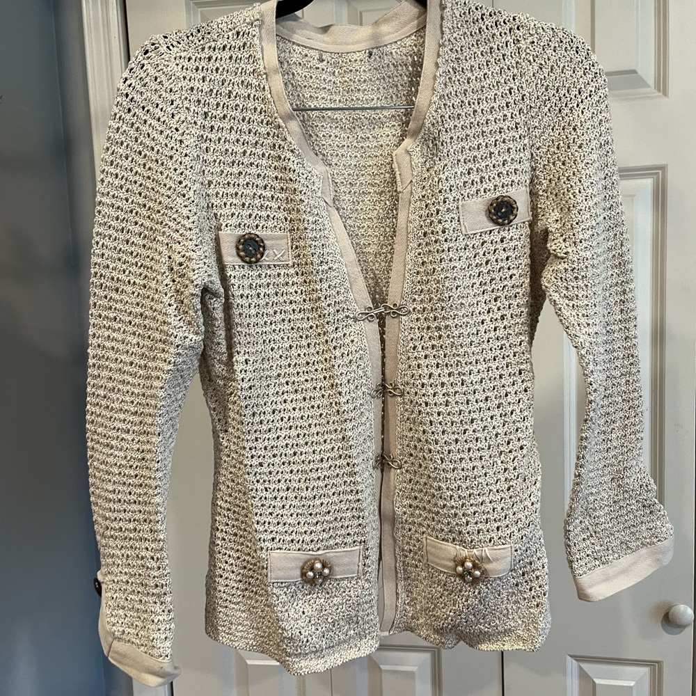 Open weave Beige Cardigan Sweater with Pearl Accents